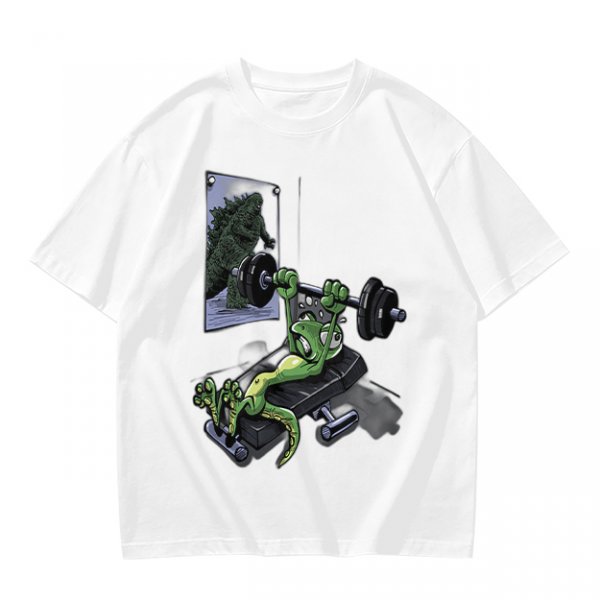 Olive T-shirt with cartoon lizard bench pressing weights in gym mirror