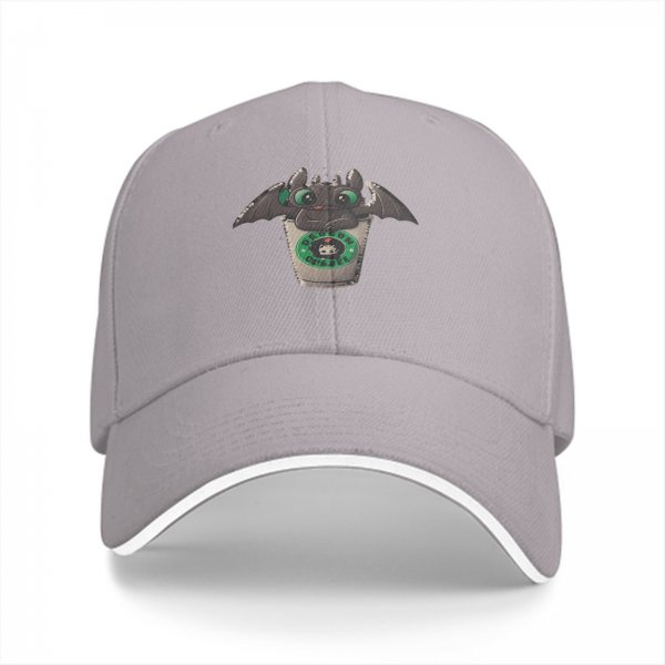 Black Baseball Cap With Toothless Dragon Coffee Cup Print