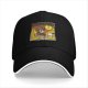 Black baseball cap with cartoon bear costume character in fiery cave print