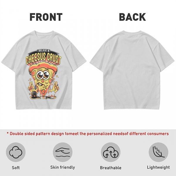 Olive t-shirt with 'I Believe In Cheesus Crust' pizza graphic