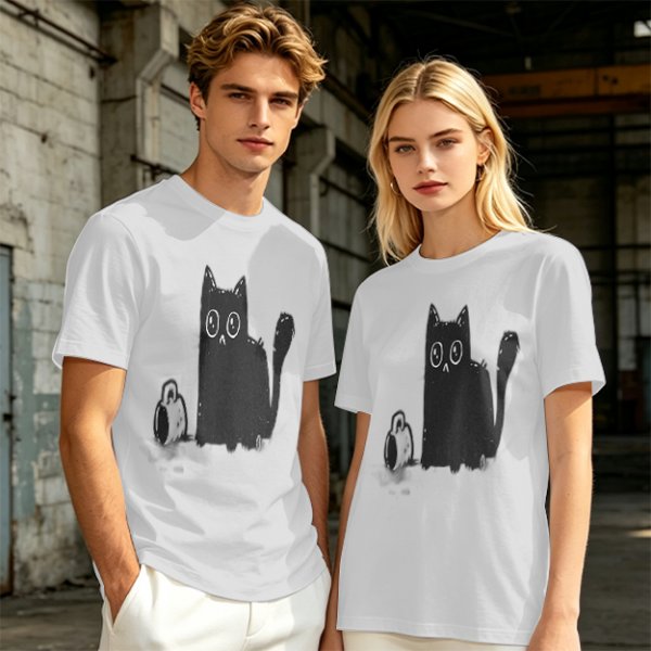 Olive Green T-Shirt With Cute Surprised Black Cat And Bell Print