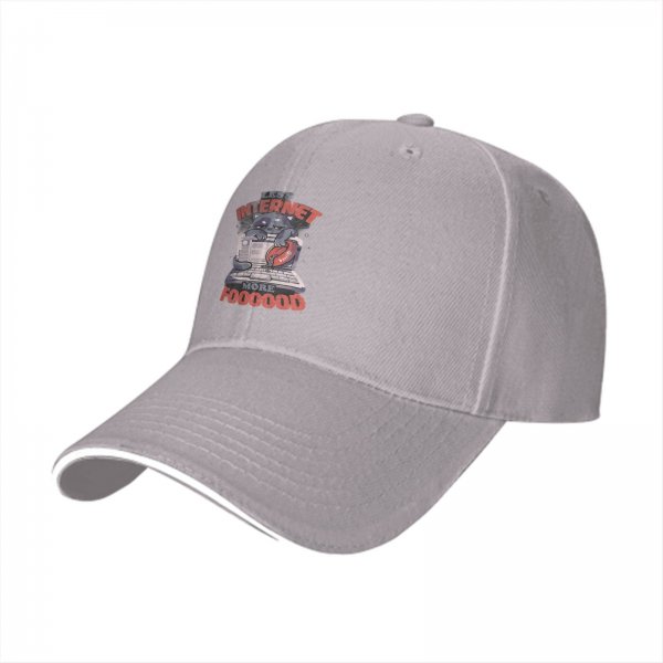 Black baseball cap with 'Less Internet More Food' cat laptop print