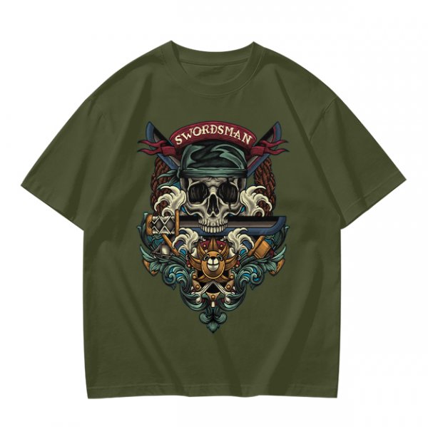 Olive Green Swordsman Skull Graphic Short Sleeve T-Shirt