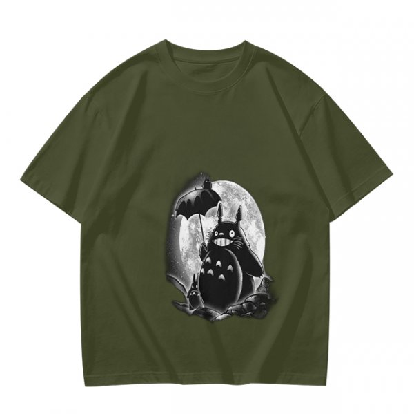 Olive t-shirt with Totoro and small spirits under full moon print