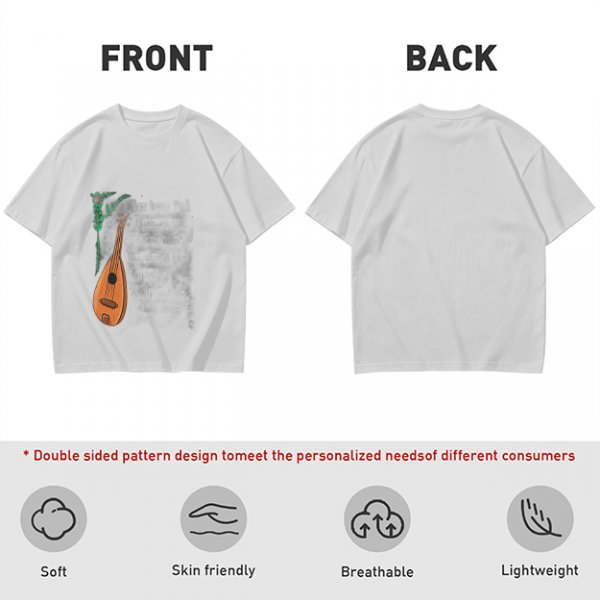 Olive Green T-Shirt with Lute and Botanical Graphic Print