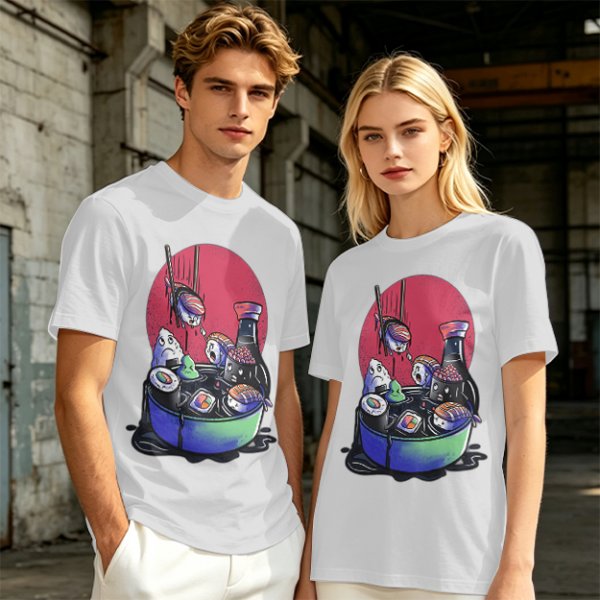 Olive T-Shirt With Anxious Sushi Characters In Soy Sauce Bowl Print