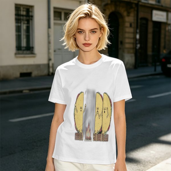 Olive T-Shirt With Funny Taco Characters Around A Campfire