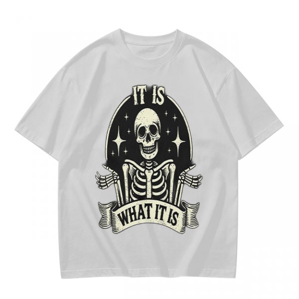 Olive t-shirt with skeleton graphic and 'It Is What It Is' text