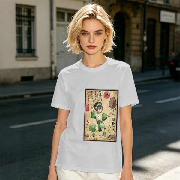 Olive T-shirt with Earthbender Character Vintage Art Print