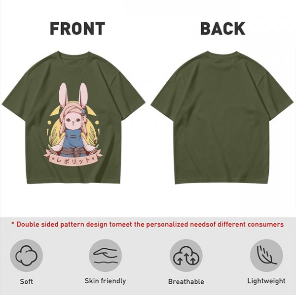Olive T-shirt with Cute Rabbit Character and Japanese Text Print