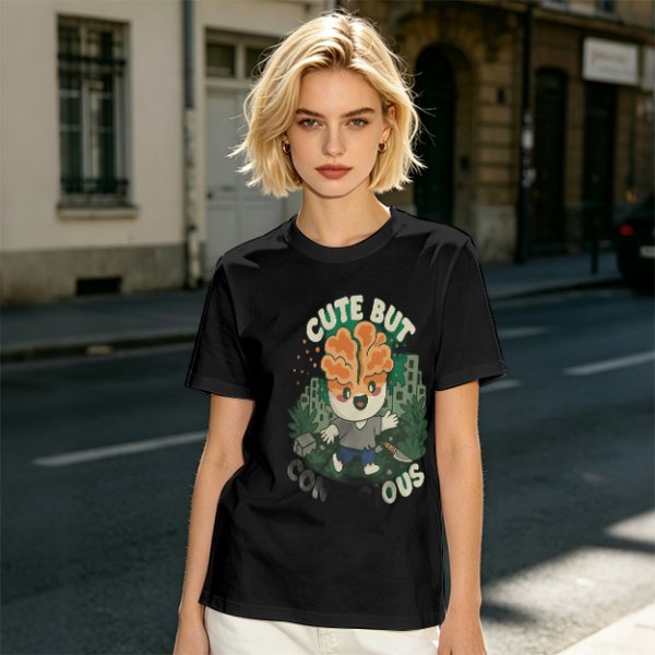 Olive t-shirt with cute brain character and 'Cute But Ous' print