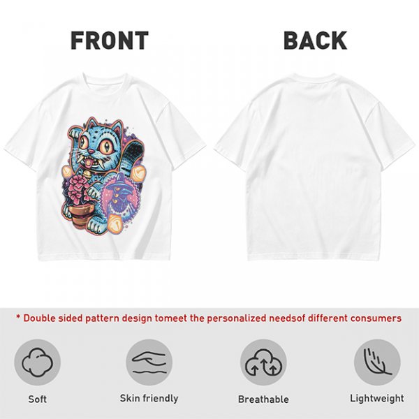 Olive T-Shirt With Maneki-Neko Sabertooth Cat And Crow Art