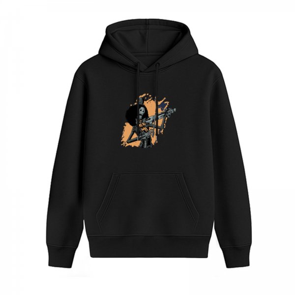 Black hoodie with skeleton musician playing violin graphic