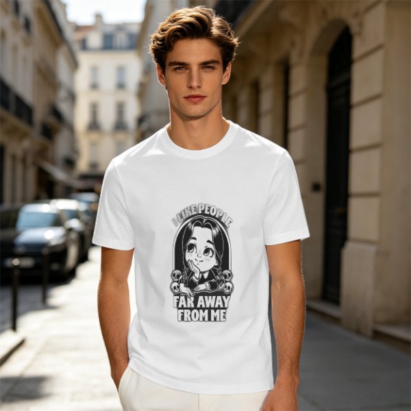 Olive t-shirt with Wednesday Addams 'I Like People Far Away From Me' print