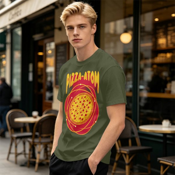 Olive green graphic t-shirt with pizza atom design