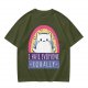 Olive graphic t-shirt with a white cat and 'I hate everyone equally' print