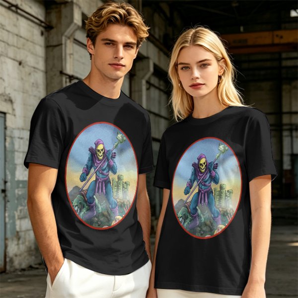 Olive T-Shirt Featuring Skeletor Holding His Havoc Staff