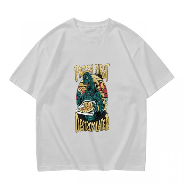 Olive T-Shirt with Godzilla Pizza First Destroy Later Print