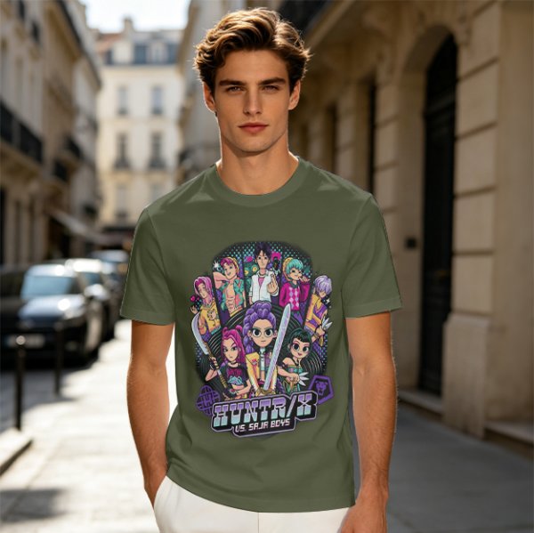 Olive Graphic Tee with Anime Character Group Print