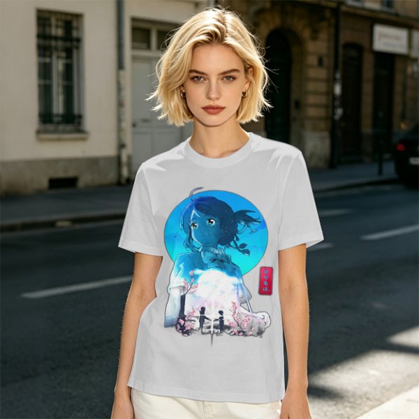 Anime girl cherry blossom scene graphic tee