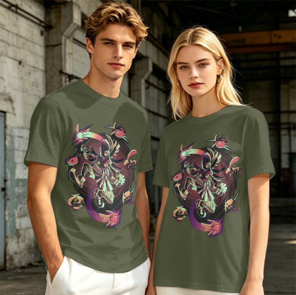 Olive Graphic Tee With Surreal Fantasy Creature Art Print