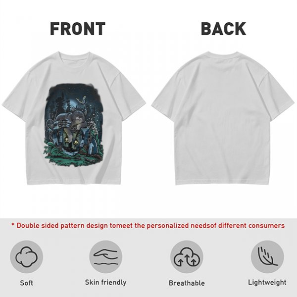 Olive Green T-Shirt With Night Graveyard Cat Illustration
