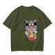 Olive green t-shirt with a ninja cat eating ramen graphic