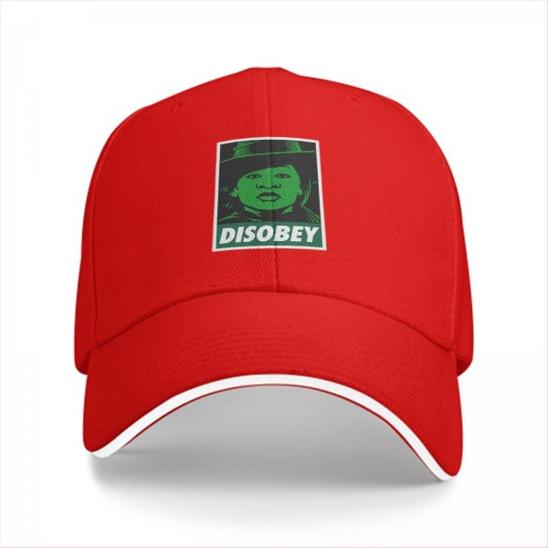 Black baseball cap with green 'DISOBEY' portrait graphic