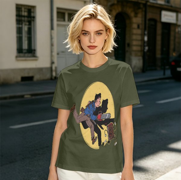 Olive T-shirt with Cartoon Chainsaw Action Character Print