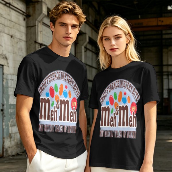 Meh and Meh novelty graphic t-shirt with indifference themed print