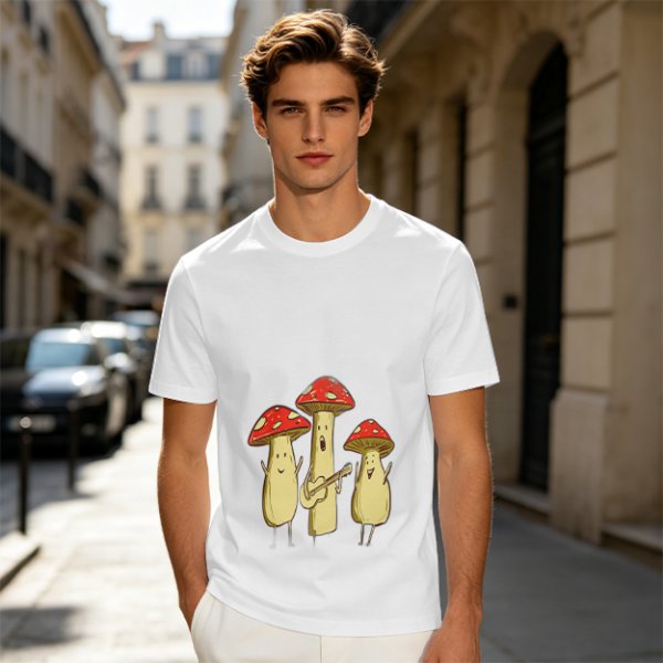 Olive T-Shirt with Singing Mushroom Band Graphic