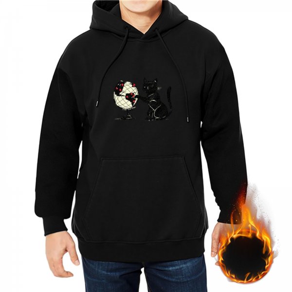 Black Hoodie With Cat Poking Globe Artwork Print