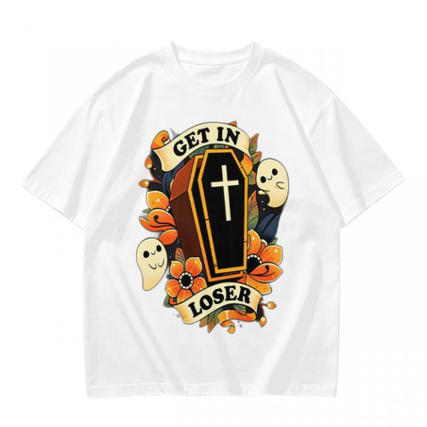 Olive Halloween T-Shirt with Get In Loser Coffin Ghost Floral Art