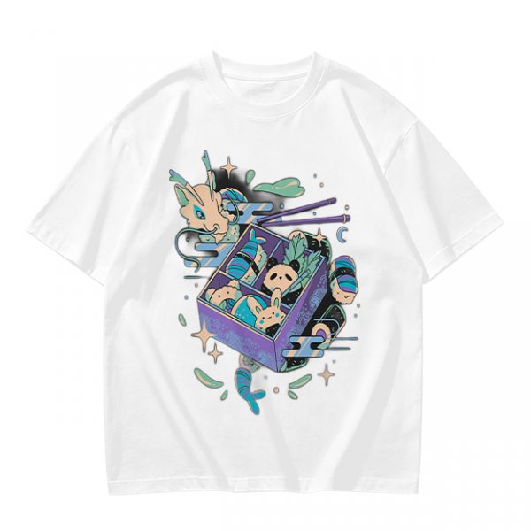 Olive t-shirt with whimsical bento box animal graphic print
