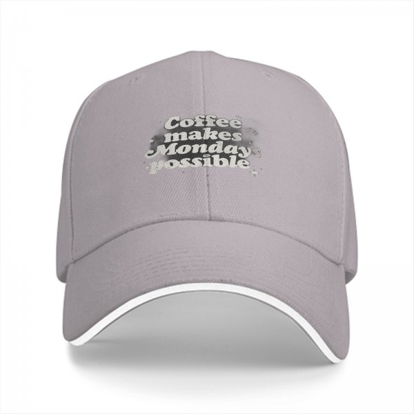 Black baseball cap with 'Coffee makes Mondays possible' print
