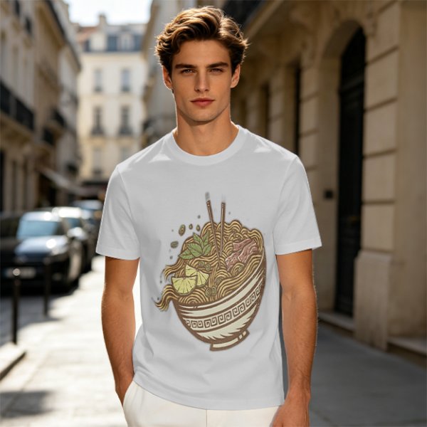 Olive Green T-Shirt With Illustrated Noodle Bowl Print