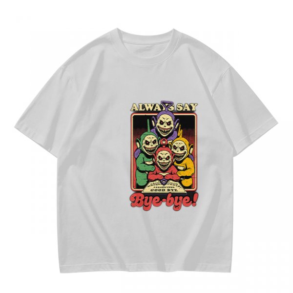 Olive t-shirt with creepy Teletubbies 'Always Say Bye-bye' print
