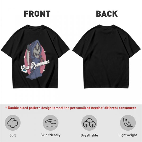 Olive T-Shirt with Cartoon Grim Reaper 'Last Responder' Print