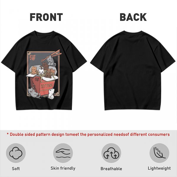 Olive t-shirt with playful kittens in takeout noodle box graphic