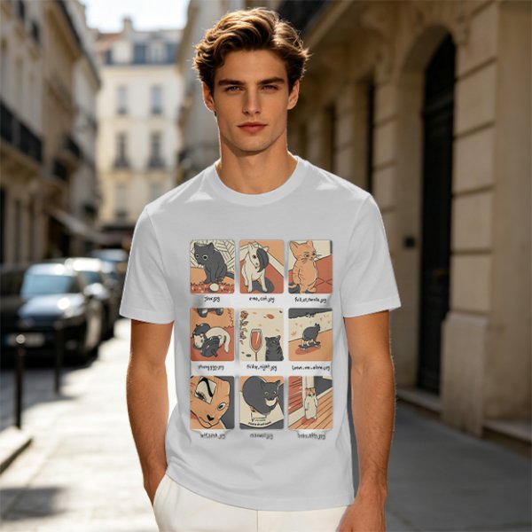 Olive T-Shirt with 9 Grid Cute Cat Illustrations Print