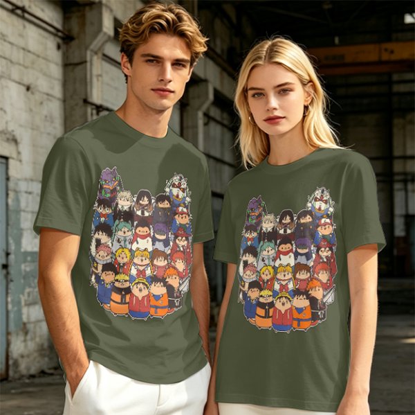 Olive T-shirt with cute chibi anime character group print