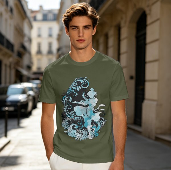 Olive T-shirt with Waterbender Character and Wave Art Print
