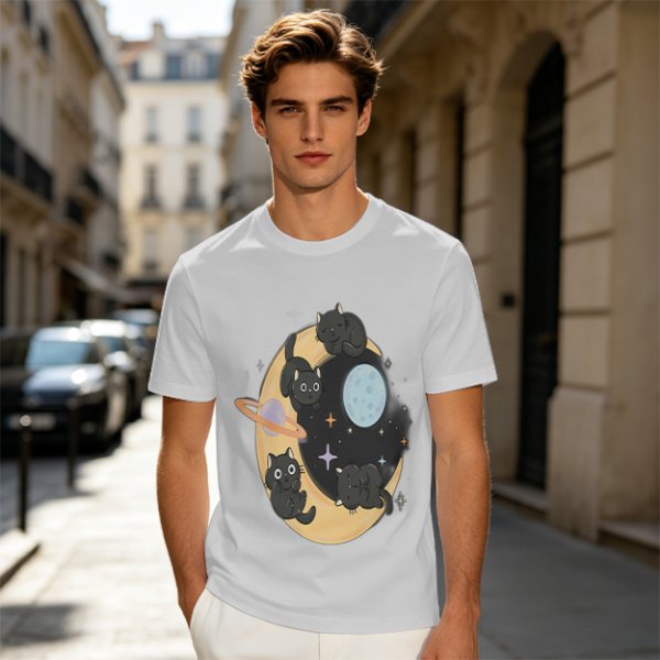 Olive T-Shirt With Black Cats On Crescent Moon Space Print
