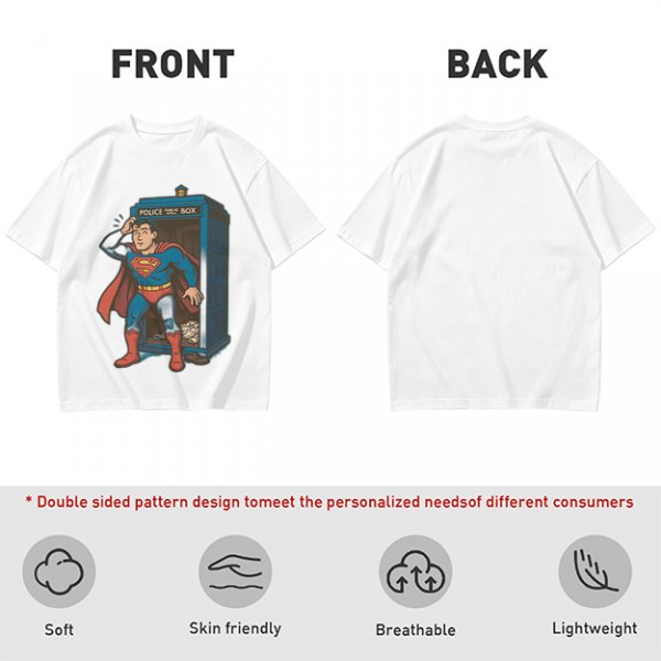 Olive T-shirt with Superman emerging from TARDIS police box graphic
