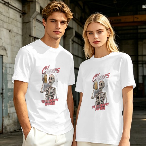 Olive skeleton graphic t-shirt with 'Cheers to my crappy future' print