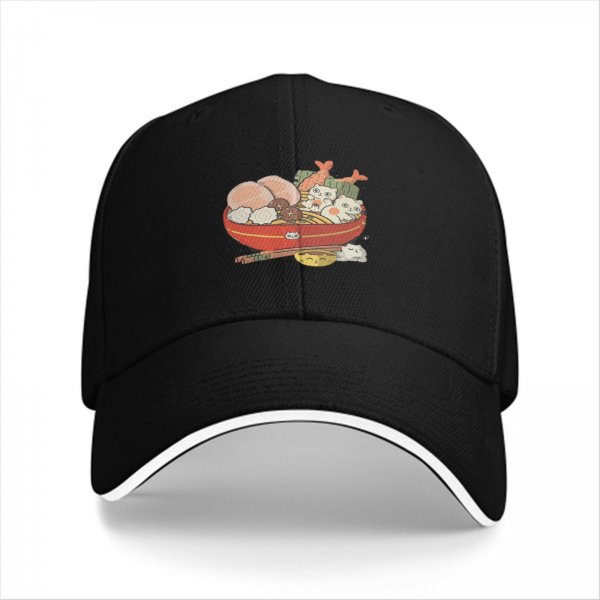 Black Baseball Cap With Cute Cat Ramen Bowl Graphic
