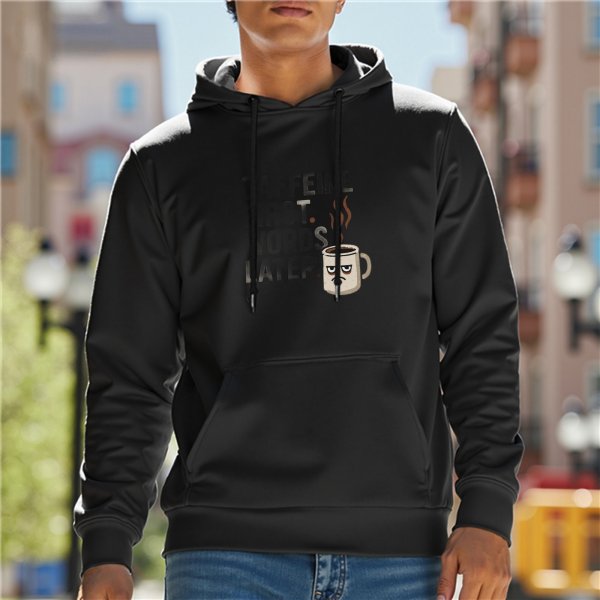 Black graphic hoodie with grumpy coffee mug print