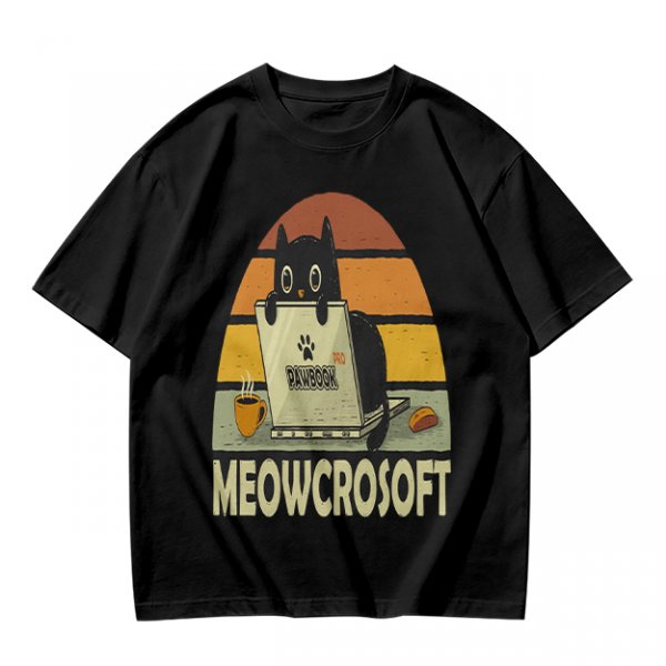 Olive t-shirt with black cat using laptop and Meowcrosoft text