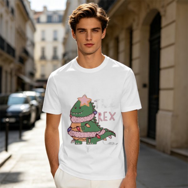 Olive T-shirt with Christmas T-Rex Dinosaur Graphic