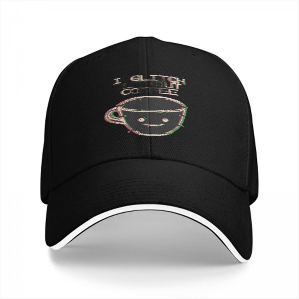 Black baseball cap with glitch coffee cup and 'I Glitch About Coffee' text